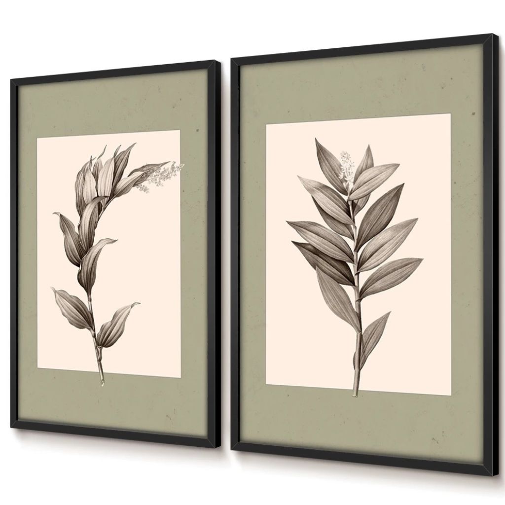 Kit 2 quadros botânicos Deux Floral 50x70 com moldura caixinha. Arte vintage elegante, impressão premium e opção com/sem vidro. Para salas e quartos.