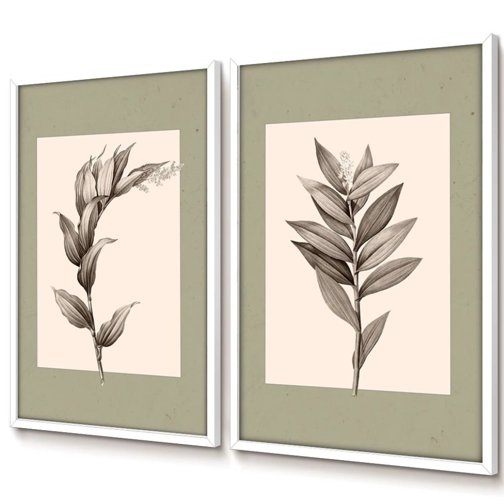 Kit 2 quadros botânicos Deux Floral 50x70 com moldura caixinha. Arte vintage elegante, impressão premium e opção com/sem vidro. Para salas e quartos.