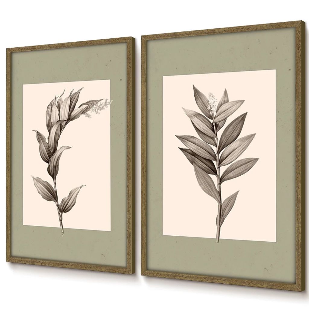 Kit 2 quadros botânicos Deux Floral 50x70 com moldura caixinha. Arte vintage elegante, impressão premium e opção com/sem vidro. Para salas e quartos.