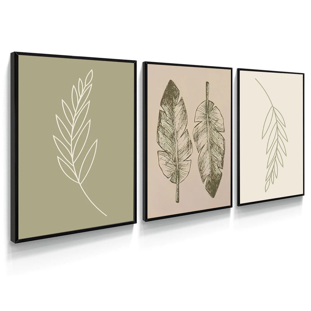 Kit 3 Quadros Feuille com moldura laqueada e design botânico. Impressão HD em vinil, material sustentável e sofisticado para decorar salas, quartos e escritórios.