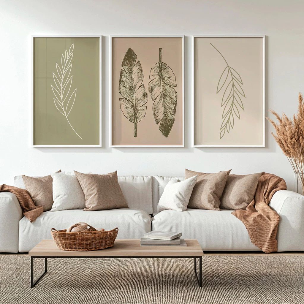 Kit 3 Quadros Feuille com moldura laqueada e design botânico. Impressão HD em vinil, material sustentável e sofisticado para decorar salas, quartos e escritórios.