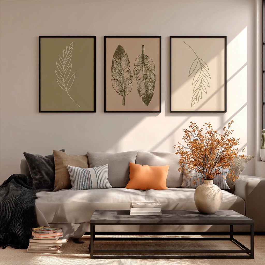Kit 3 Quadros Feuille com moldura laqueada e design botânico. Impressão HD em vinil, material sustentável e sofisticado para decorar salas, quartos e escritórios.