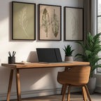 Kit 3 Quadros Feuille com moldura laqueada e design botânico. Impressão HD em vinil, material sustentável e sofisticado para decorar salas, quartos e escritórios.