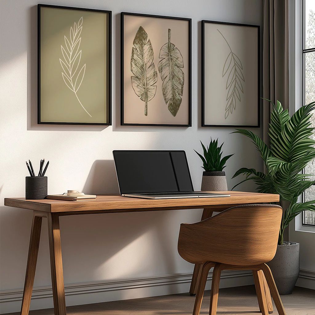Kit 3 Quadros Feuille com moldura laqueada e design botânico. Impressão HD em vinil, material sustentável e sofisticado para decorar salas, quartos e escritórios.