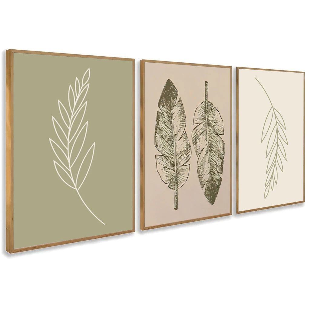 Kit 3 Quadros Feuille com moldura laqueada e design botânico. Impressão HD em vinil, material sustentável e sofisticado para decorar salas, quartos e escritórios.