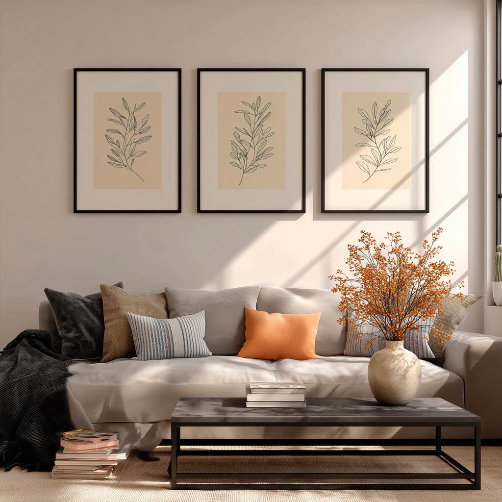 Kit 3 Quadros Douceur com moldura em madeira imunizada e impressão HD. Arte botânica clean e sofisticada para salas, quartos e home office.