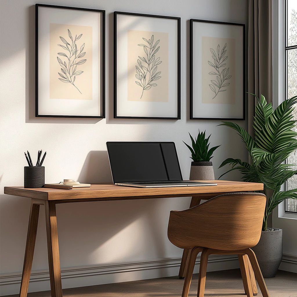 Kit 3 Quadros Douceur com moldura em madeira imunizada e impressão HD. Arte botânica clean e sofisticada para salas, quartos e home office.