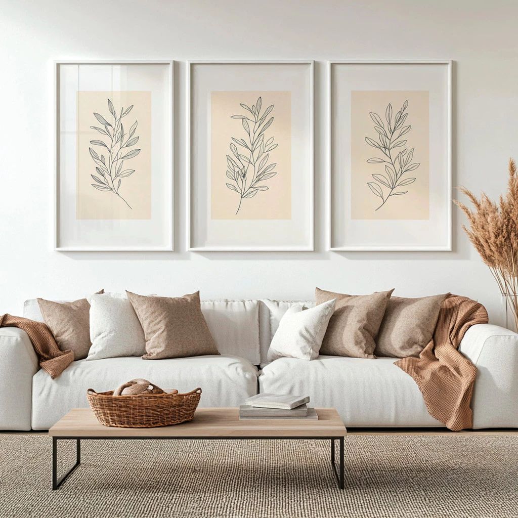 Kit 3 Quadros Douceur com moldura em madeira imunizada e impressão HD. Arte botânica clean e sofisticada para salas, quartos e home office.