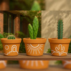 Kit 3 Vasos Artesanais Chaud Terracota Sol e Cacto 8cm Louhir, www.louhir.com.br