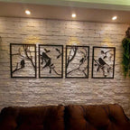 Kit 4 Quadros Decorativos de pássaros vazados em MDF preto fosco. Design minimalista e moderno para salas e quartos. Fácil instalação com fita 3M inclusa.