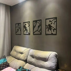 Kit 4 Quadros Decorativos de pássaros vazados em MDF preto fosco. Design minimalista e moderno para salas e quartos. Fácil instalação com fita 3M inclusa.