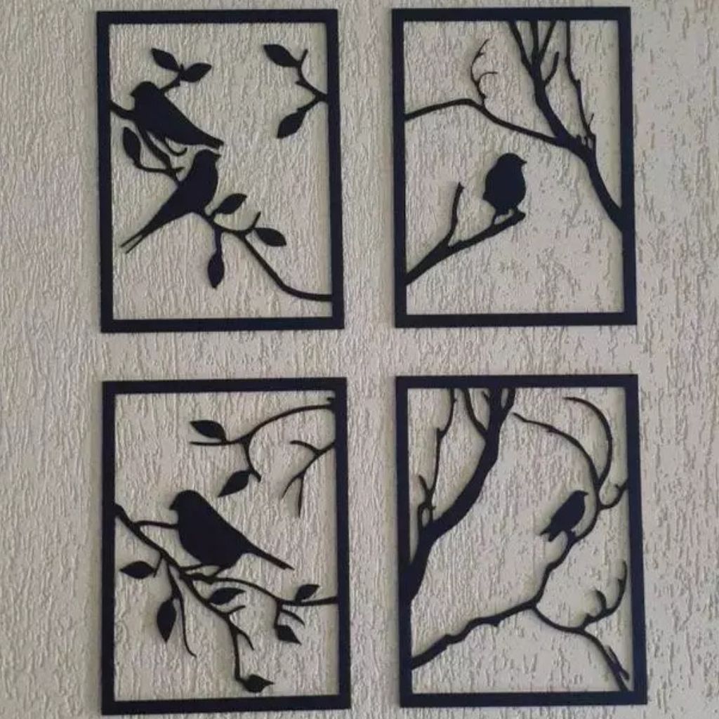 Kit 4 Quadros Decorativos de pássaros vazados em MDF preto fosco. Design minimalista e moderno para salas e quartos. Fácil instalação com fita 3M inclusa.