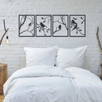 Kit 4 Quadros Decorativos de pássaros vazados em MDF preto fosco. Design minimalista e moderno para salas e quartos. Fácil instalação com fita 3M inclusa.