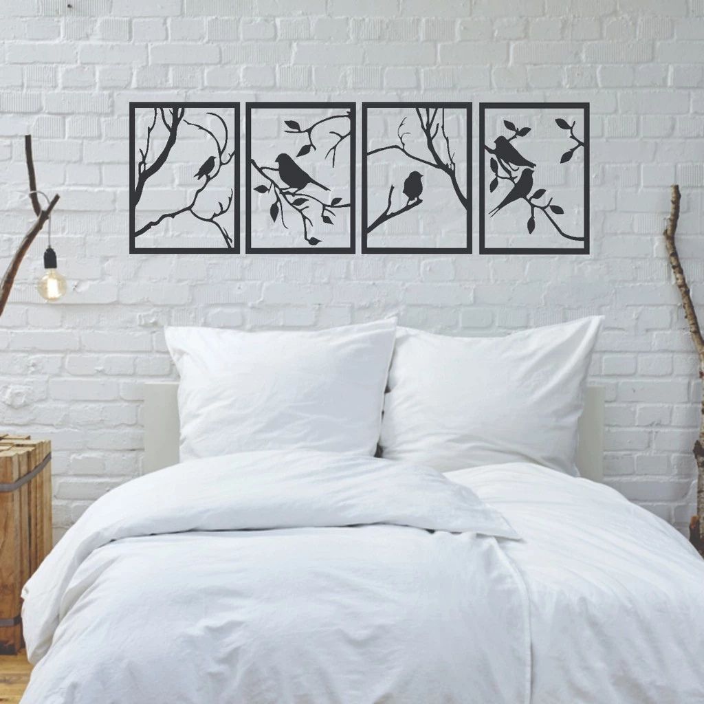 Kit 4 Quadros Decorativos de pássaros vazados em MDF preto fosco. Design minimalista e moderno para salas e quartos. Fácil instalação com fita 3M inclusa.