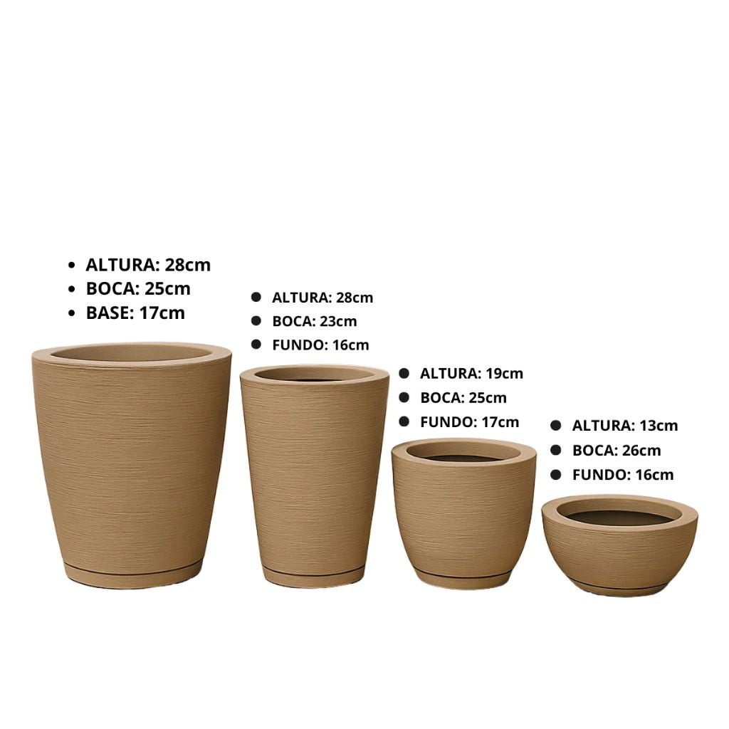 Kit 4 Vasos Brossé em polietileno resistente, leves e com drenagem. Formatos variados para plantas em áreas internas e externas. Envio imediato e durabilidade.