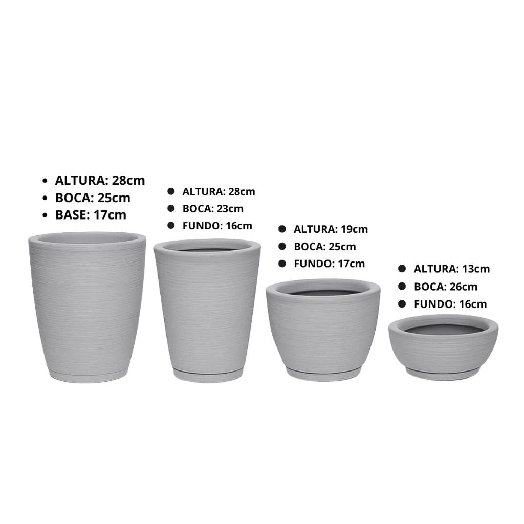Kit 4 Vasos Brossé em polietileno resistente, leves e com drenagem. Formatos variados para plantas em áreas internas e externas. Envio imediato e durabilidade.