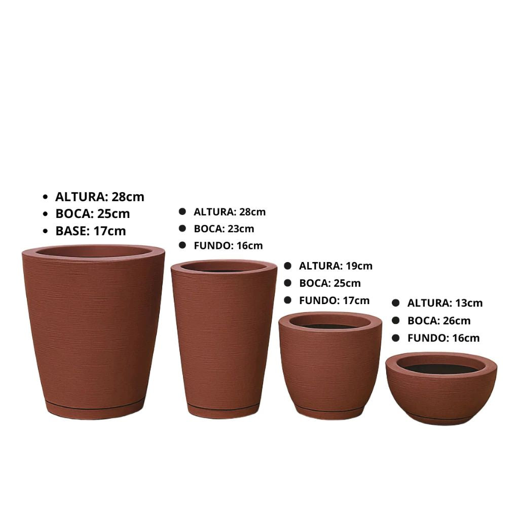 Kit 4 Vasos Brossé em polietileno resistente, leves e com drenagem. Formatos variados para plantas em áreas internas e externas. Envio imediato e durabilidade.