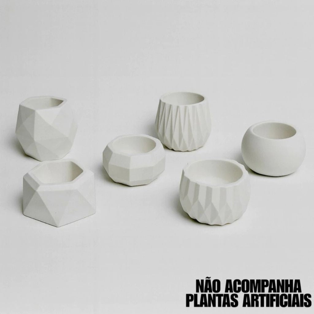 Kit 6 Vasos Raffiné em gesso com acabamento fosco e design contemporâneo. Conjunto versátil e elegante para suculentas, estantes e escritórios. Envio imediato.