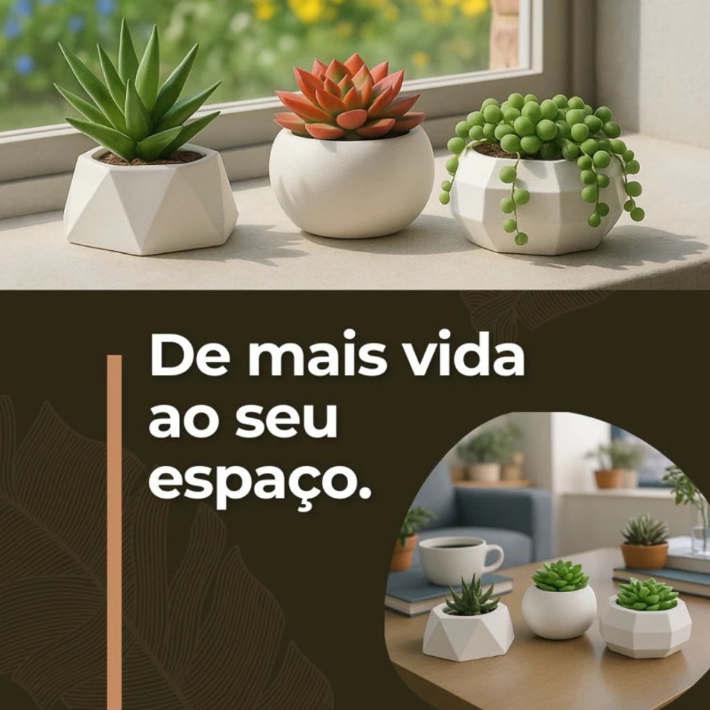 Kit 6 Vasos Raffiné em gesso com acabamento fosco e design contemporâneo. Conjunto versátil e elegante para suculentas, estantes e escritórios. Envio imediato.