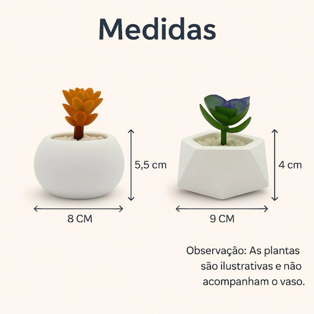 Kit 6 Vasos Raffiné em gesso com acabamento fosco e design contemporâneo. Conjunto versátil e elegante para suculentas, estantes e escritórios. Envio imediato.