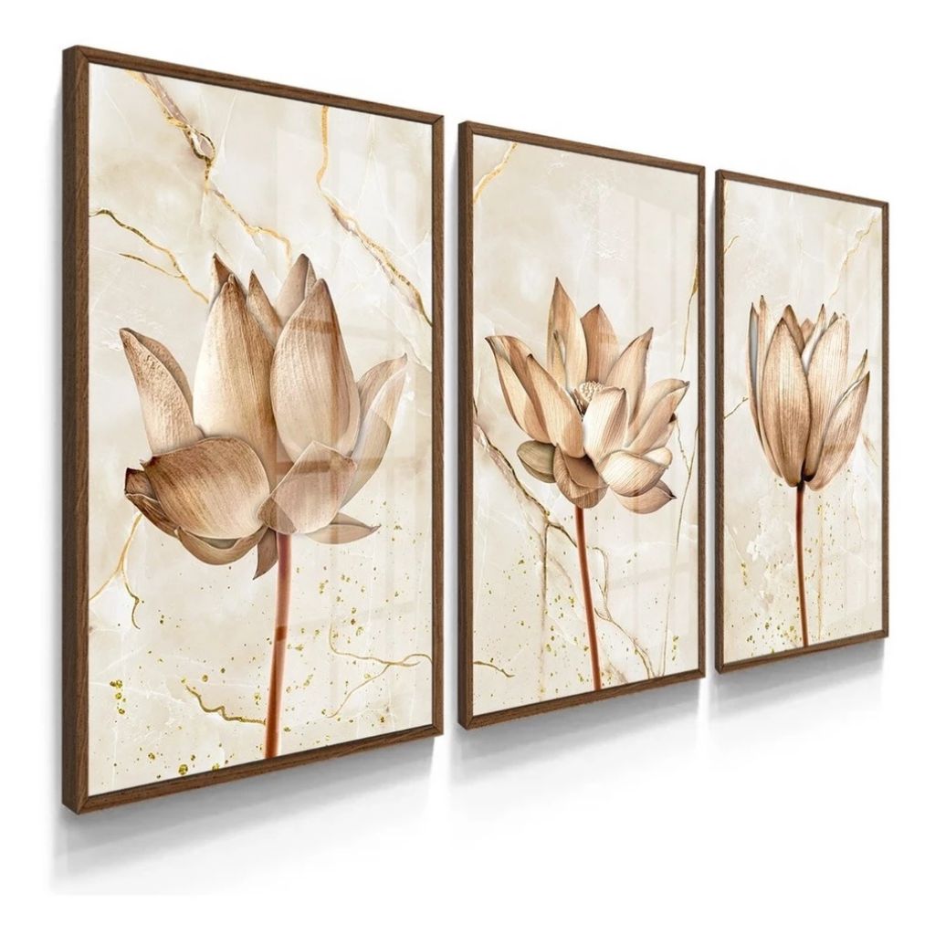 Kit Trois Fleurs com 3 quadros florais em MDF e impressão fotográfica. Sem moldura, fácil instalação e design elegante para salas, quartos e escritórios.