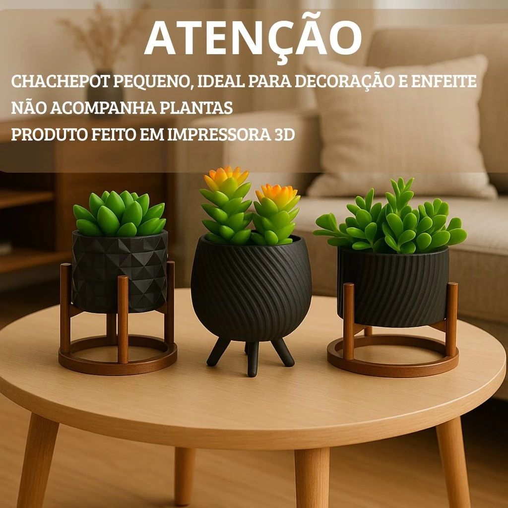Kit Vasos Petit Minimalista com vasinhos preto/branco em 3 texturas e 2 suportes. Tamanho compacto, material sustentável e perfeito para suculentas e décor.