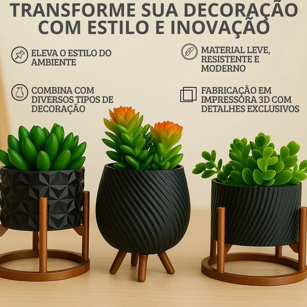 Kit Vasos Petit Minimalista com vasinhos preto/branco em 3 texturas e 2 suportes. Tamanho compacto, material sustentável e perfeito para suculentas e décor.