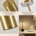 Luminária Luxe com tecnologia touch, 3 tons de luz e bateria 1200mAh. Design premium em metal, luz anti-azul e carregamento USB. Perfeita para mesas e criados.