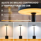 Luminária Luxe com tecnologia touch, 3 tons de luz e bateria 1200mAh. Design premium em metal, luz anti-azul e carregamento USB. Perfeita para mesas e criados.