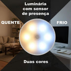 Luminária LED circular sem fio com sensor de presença e bateria recarregável. Acende só no escuro, desliga em 20s e instala fácil com base magnética e adesivo.