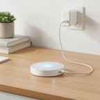 Luminária LED circular sem fio com sensor de presença e bateria recarregável. Acende só no escuro, desliga em 20s e instala fácil com base magnética e adesivo.