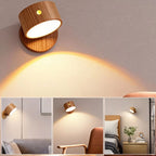Luminária magnética em madeira com bateria 1200mAh, luz ajustável 2700K-4500K e interruptor toque. Instalação fácil com adesivo 3M, ideal para quartos e salas.
