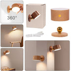 Luminária magnética em madeira com bateria 1200mAh, luz ajustável 2700K-4500K e interruptor toque. Instalação fácil com adesivo 3M, ideal para quartos e salas.