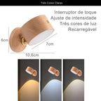 Luminária magnética em madeira com bateria 1200mAh, luz ajustável 2700K-4500K e interruptor toque. Instalação fácil com adesivo 3M, ideal para quartos e salas.