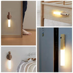 Luminária Cher em madeira com sensor de movimento e bateria recarregável. Design magnético portátil, luz quente e acabamento premium para quartos e closets.