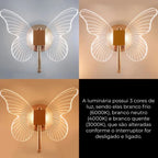 Luminária de parede borboleta com LED integrado e 3 tons de luz (Frio, Neutro e Quente). Design luxuoso em dourado e cristal, bivolt e fácil de instalar. Confira.