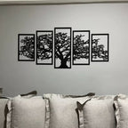 Mosaico com 5 quadros da Árvore da Vida em MDF preto fosco. Corte a laser, fácil instalação com fita 3M e design moderno para salas, escadas e escritórios.