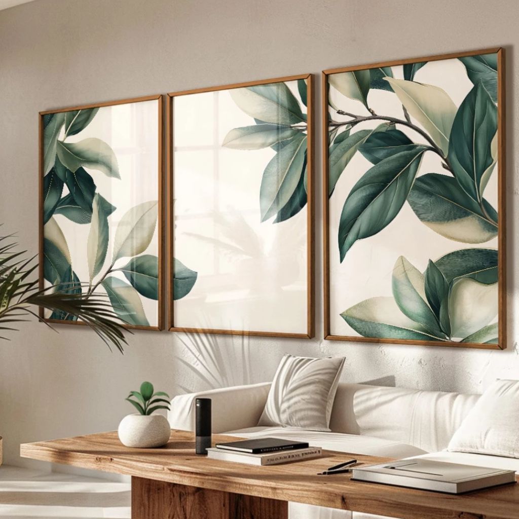 Kit 3 quadros Peinture Feuilles 60x90 com moldura caixinha. Arte botânica clean, impressão premium e opções com/sem vidro. Elegância natural para qualquer ambiente.