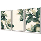 Kit 3 quadros Peinture Feuilles 60x90 com moldura caixinha. Arte botânica clean, impressão premium e opções com/sem vidro. Elegância natural para qualquer ambiente.