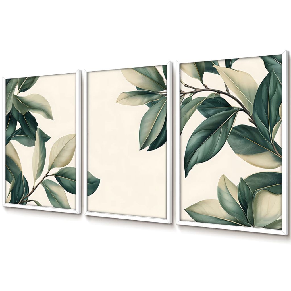 Kit 3 quadros Peinture Feuilles 60x90 com moldura caixinha. Arte botânica clean, impressão premium e opções com/sem vidro. Elegância natural para qualquer ambiente.