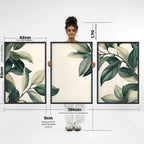 Kit 3 quadros Peinture Feuilles 60x90 com moldura caixinha. Arte botânica clean, impressão premium e opções com/sem vidro. Elegância natural para qualquer ambiente.