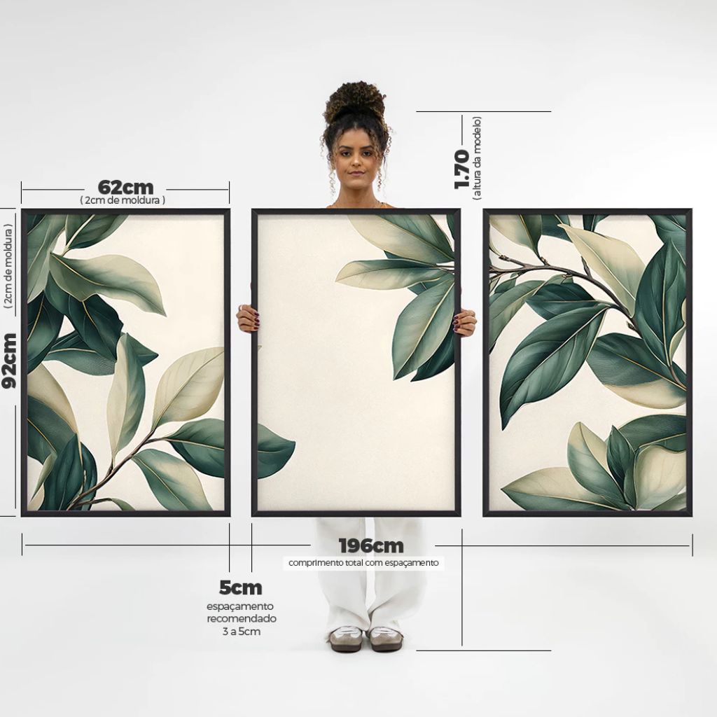 Kit 3 quadros Peinture Feuilles 60x90 com moldura caixinha. Arte botânica clean, impressão premium e opções com/sem vidro. Elegância natural para qualquer ambiente.
