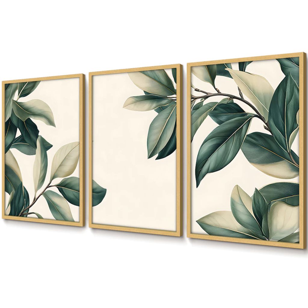 Kit 3 quadros Peinture Feuilles 60x90 com moldura caixinha. Arte botânica clean, impressão premium e opções com/sem vidro. Elegância natural para qualquer ambiente.