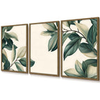 Kit 3 quadros Peinture Feuilles 60x90 com moldura caixinha. Arte botânica clean, impressão premium e opções com/sem vidro. Elegância natural para qualquer ambiente.