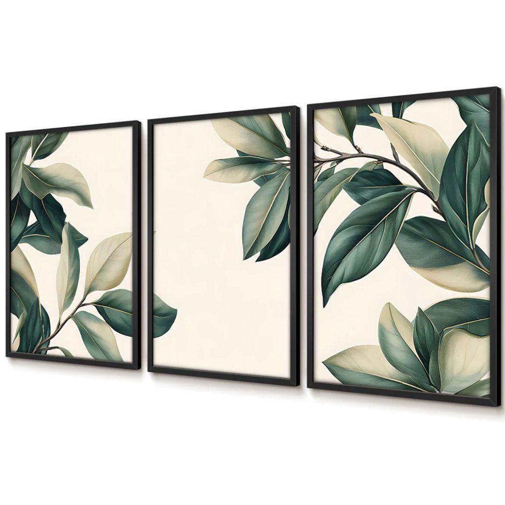 Kit 3 quadros Peinture Feuilles 60x90 com moldura caixinha. Arte botânica clean, impressão premium e opções com/sem vidro. Elegância natural para qualquer ambiente.