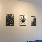 Kit 3 Quadros Decorativos de folhagens vazadas em MDF preto fosco. Design moderno e botânico para salas e quartos. Fácil instalação com fita dupla face inclusa.