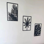 Kit 3 Quadros Decorativos de folhagens vazadas em MDF preto fosco. Design moderno e botânico para salas e quartos. Fácil instalação com fita dupla face inclusa.