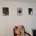 Kit 3 Quadros Decorativos de folhagens vazadas em MDF preto fosco. Design moderno e botânico para salas e quartos. Fácil instalação com fita dupla face inclusa.
