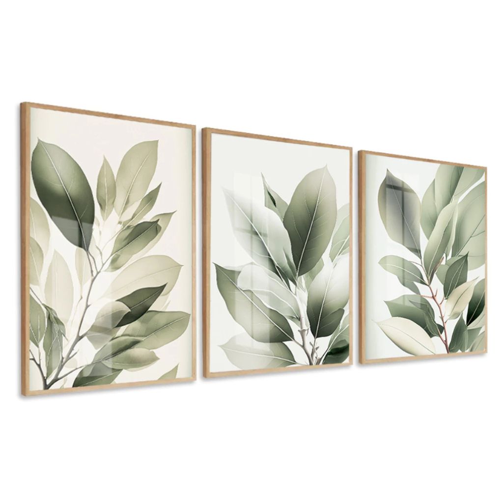 Kit com 3 quadros 40x60 Natureza Vert com vidro cristalino e moldura caixa alta em madeira. Arte leve e sofisticada para quartos e salas modernas.
