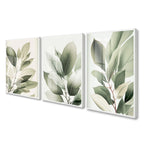 Kit com 3 quadros 40x60 Natureza Vert com vidro cristalino e moldura caixa alta em madeira. Arte leve e sofisticada para quartos e salas modernas.